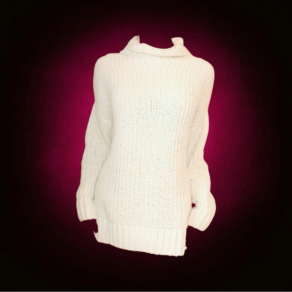 White chenille chunky knit longline turtleneck sweater